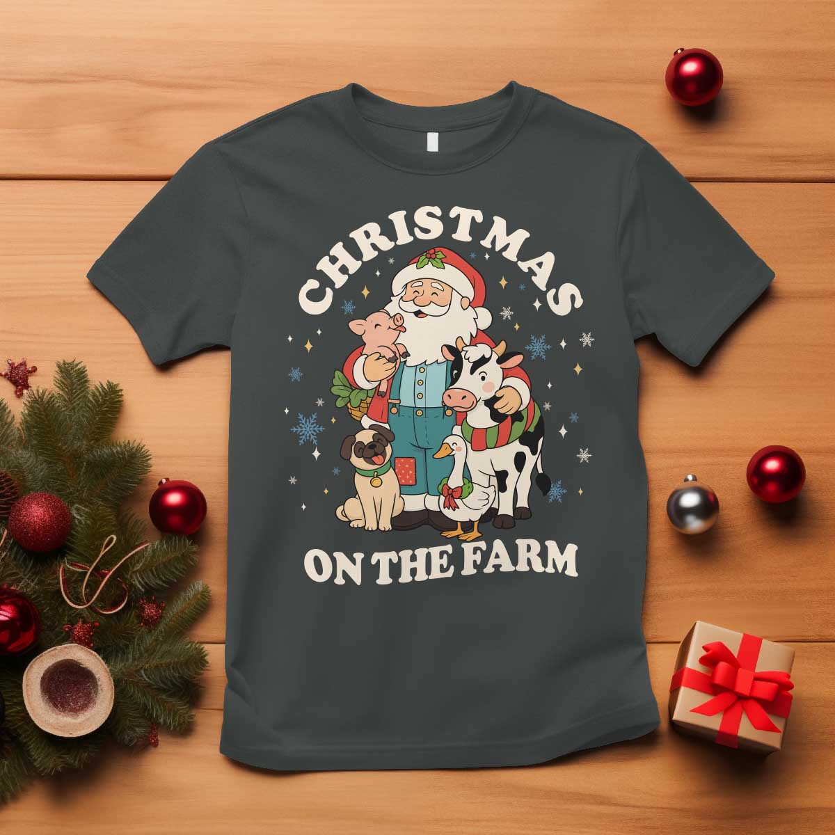 Funny Xmas On The Farm T Shirt Christmas Farmer Santa Claus Livestock TS11 Dark Heather Print Your Wear