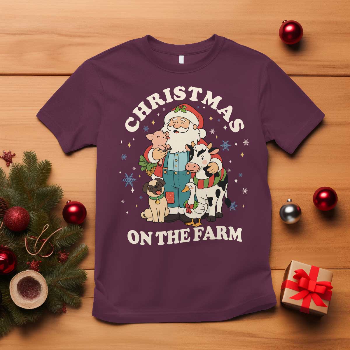 Funny Xmas On The Farm T Shirt Christmas Farmer Santa Claus Livestock TS11 Maroon Print Your Wear