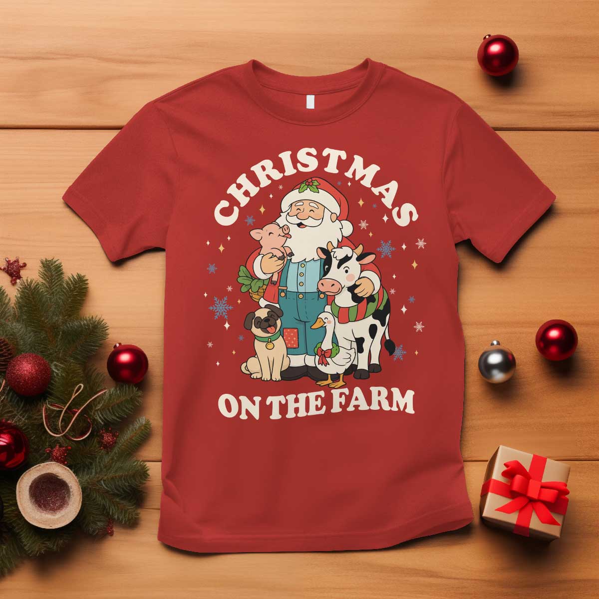 Funny Xmas On The Farm T Shirt Christmas Farmer Santa Claus Livestock TS11 Red Print Your Wear
