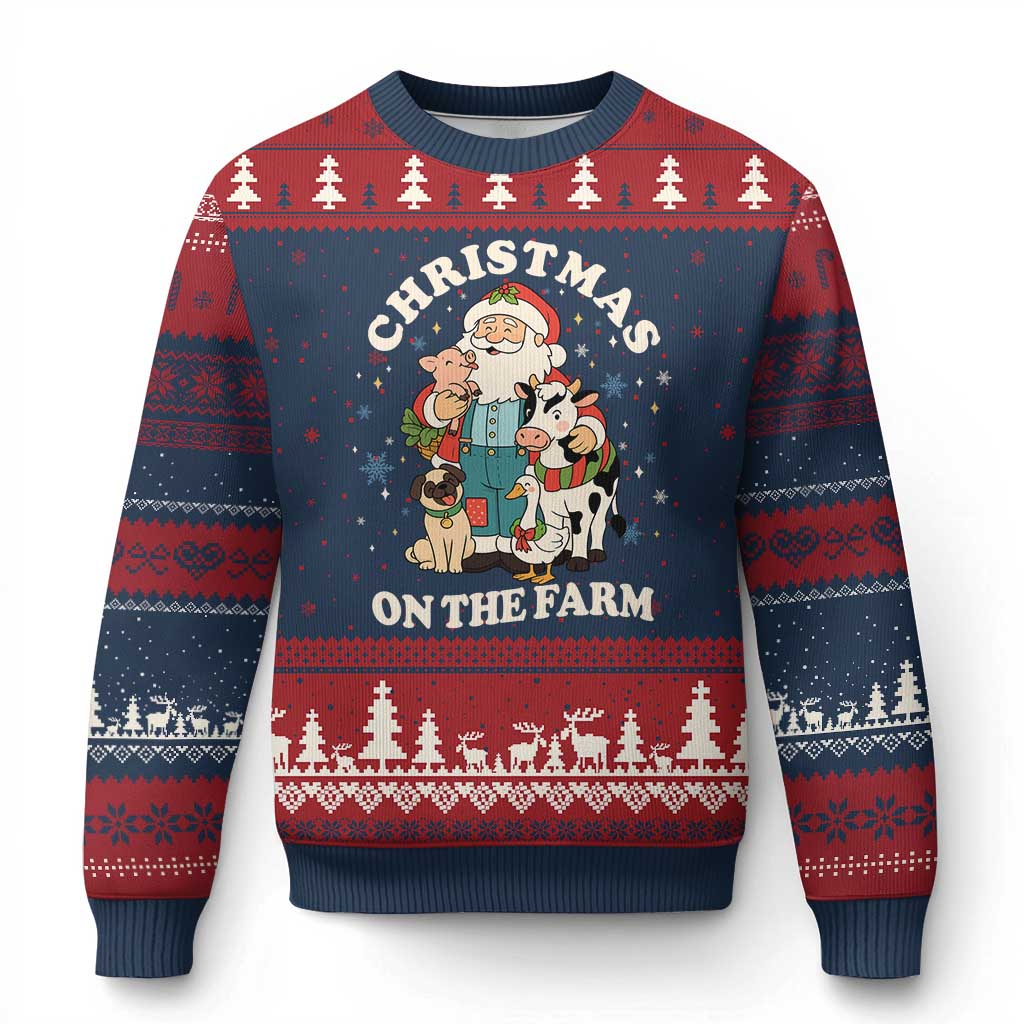 Funny Xmas On The Farm Ugly Christmas Sweater Christmas Farmer Santa Claus Livestock TS11 Navy Red Print Your Wear