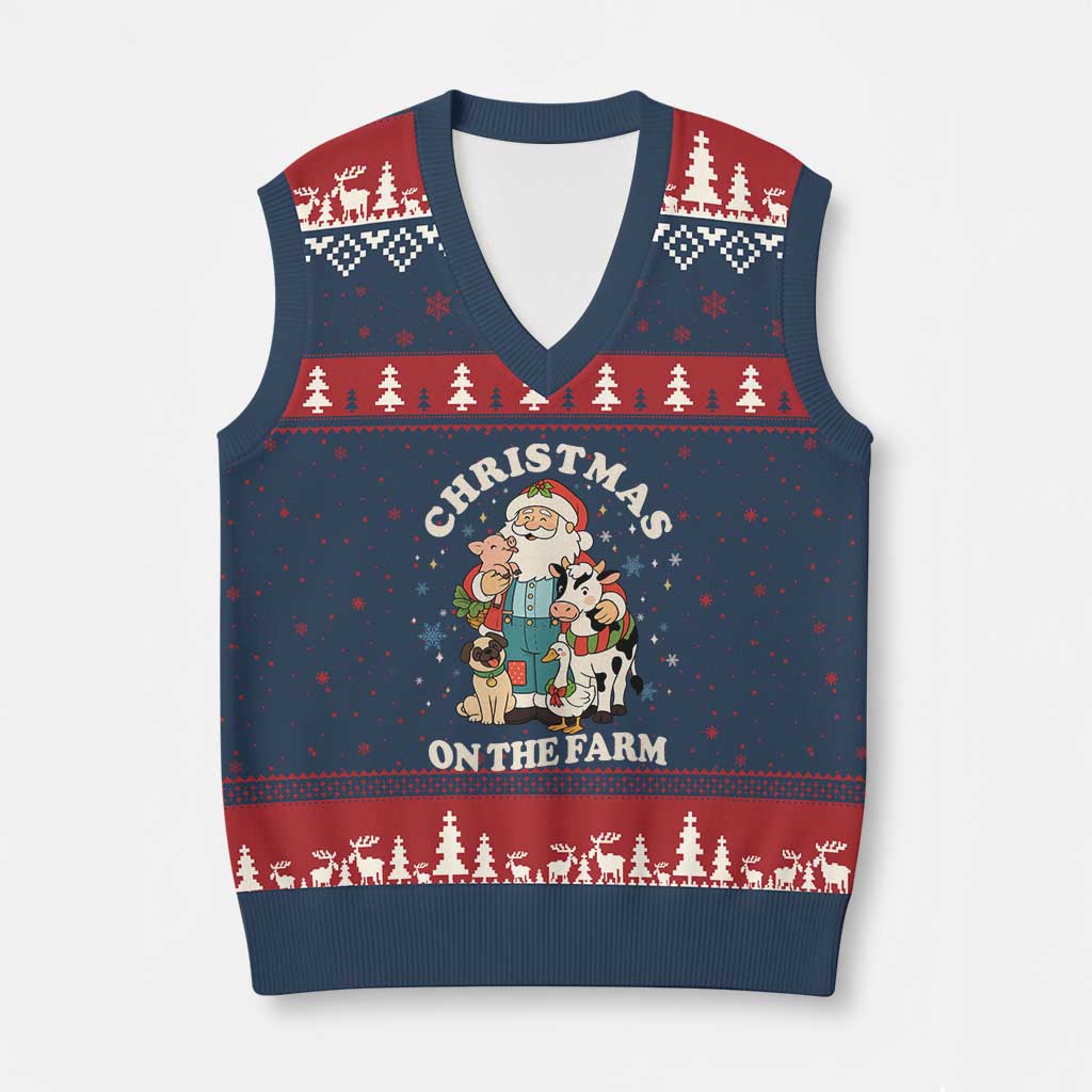 Funny Xmas On The Farm V-Neck Knit Sweater Vest Christmas Farmer Santa Claus Livestock TS11 Navy Red Print Your Wear