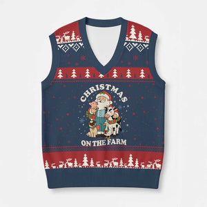 Funny Xmas On The Farm V-Neck Knit Sweater Vest Christmas Farmer Santa Claus Livestock TS11 Navy Red Print Your Wear