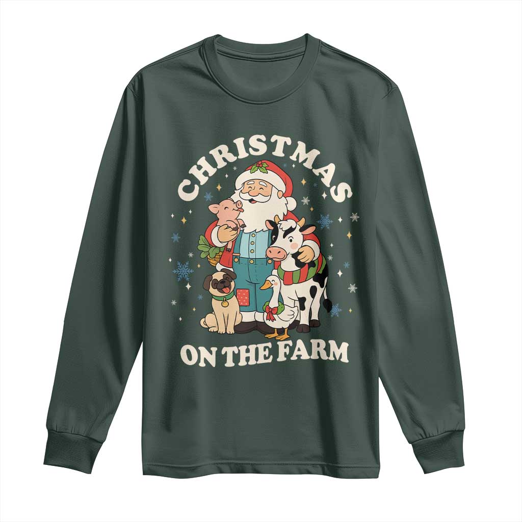 Funny Xmas On The Farm Long Sleeve Shirt Christmas Farmer Santa Claus Livestock TS11 Dark Forest Green Print Your Wear