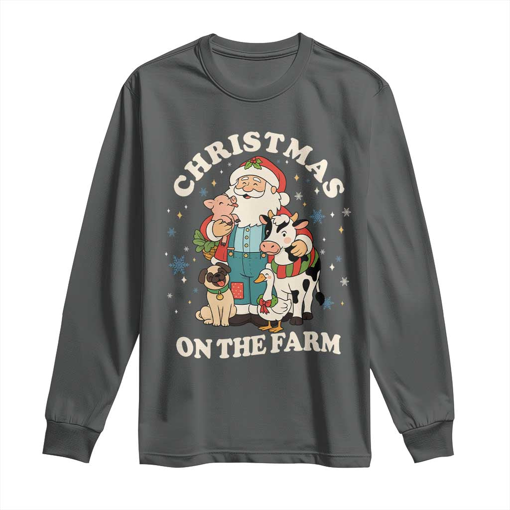 Funny Xmas On The Farm Long Sleeve Shirt Christmas Farmer Santa Claus Livestock TS11 Dark Heather Print Your Wear