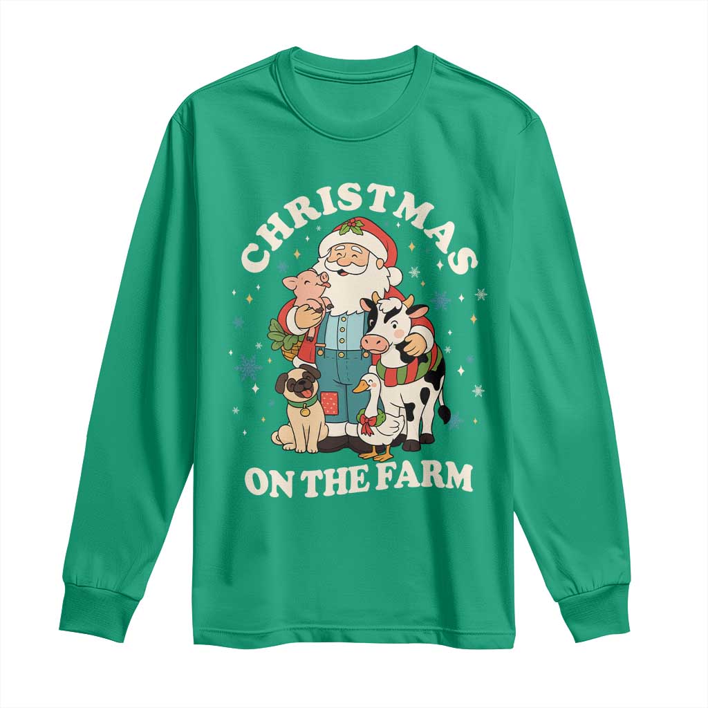 Funny Xmas On The Farm Long Sleeve Shirt Christmas Farmer Santa Claus Livestock TS11 Irish Green Print Your Wear