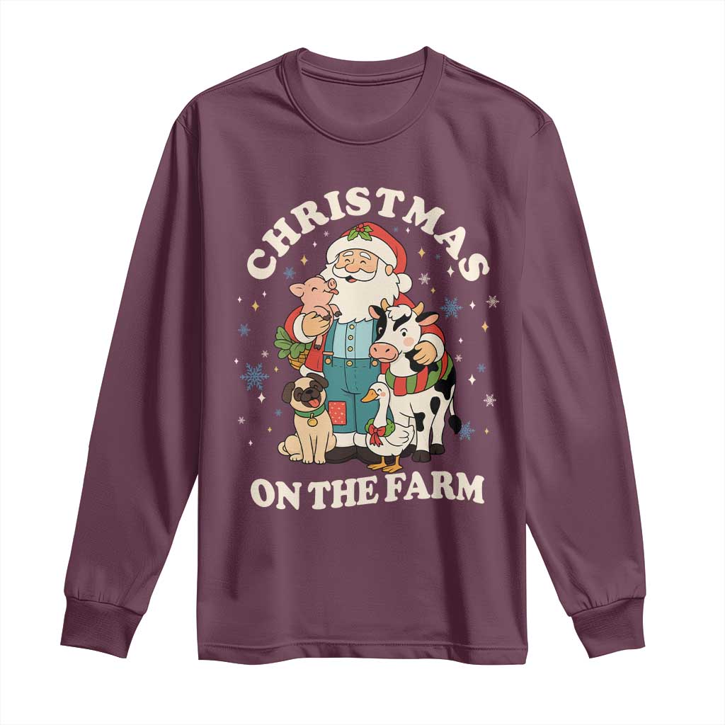 Funny Xmas On The Farm Long Sleeve Shirt Christmas Farmer Santa Claus Livestock TS11 Maroon Print Your Wear