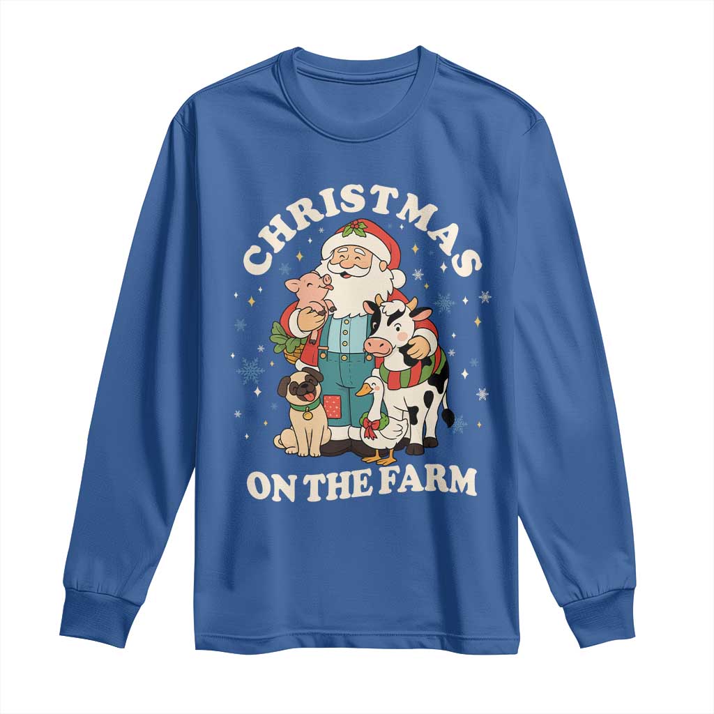 Funny Xmas On The Farm Long Sleeve Shirt Christmas Farmer Santa Claus Livestock TS11 Royal Blue Print Your Wear