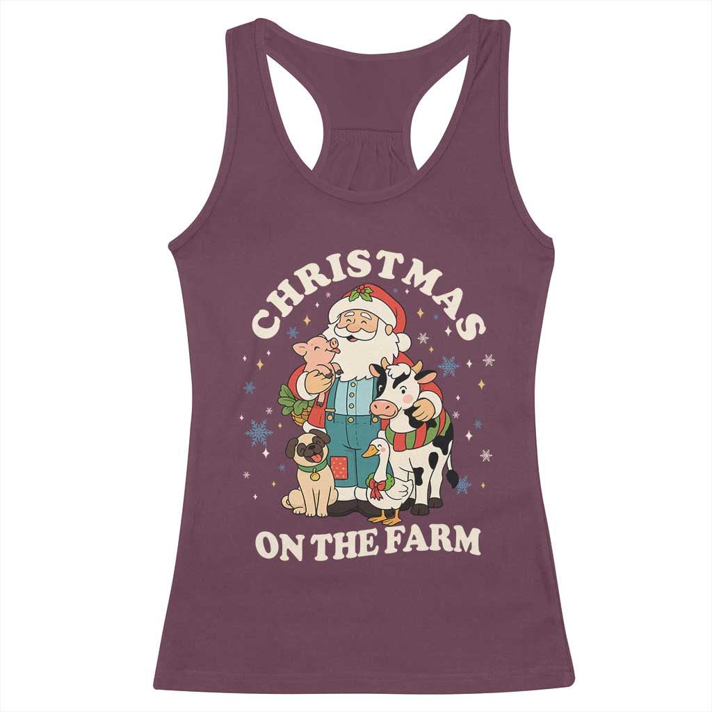Funny Xmas On The Farm Racerback Tank Top Christmas Farmer Santa Claus Livestock TS11 Maroon Print Your Wear