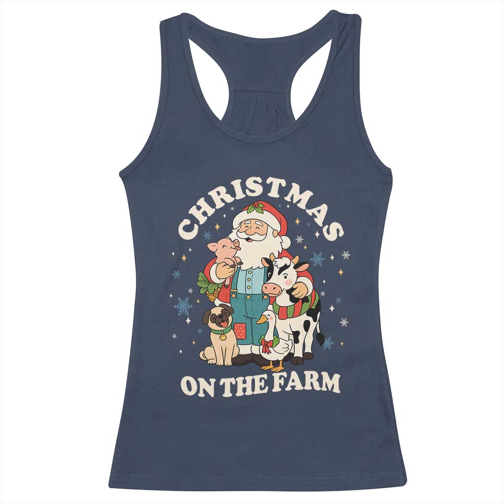 Funny Xmas On The Farm Racerback Tank Top Christmas Farmer Santa Claus Livestock TS11 Navy Print Your Wear