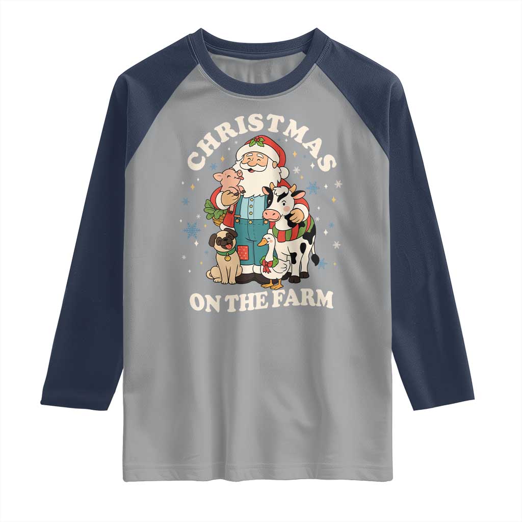 Funny Xmas On The Farm Raglan Shirt Christmas Farmer Santa Claus Livestock TS11 Sport Gray Navy Print Your Wear