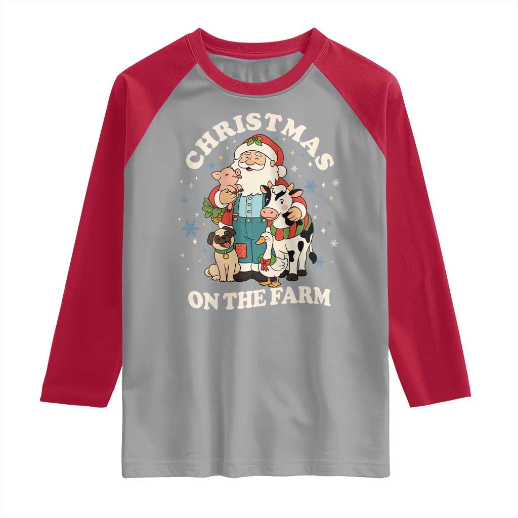 Funny Xmas On The Farm Raglan Shirt Christmas Farmer Santa Claus Livestock TS11 Sport Gray Red Print Your Wear