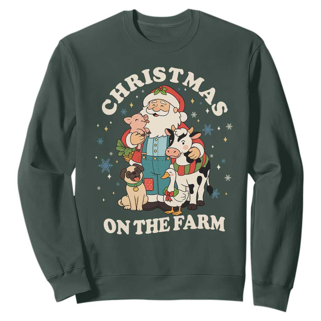 Funny Xmas On The Farm Sweatshirt Christmas Farmer Santa Claus Livestock TS11 Dark Forest Green Print Your Wear