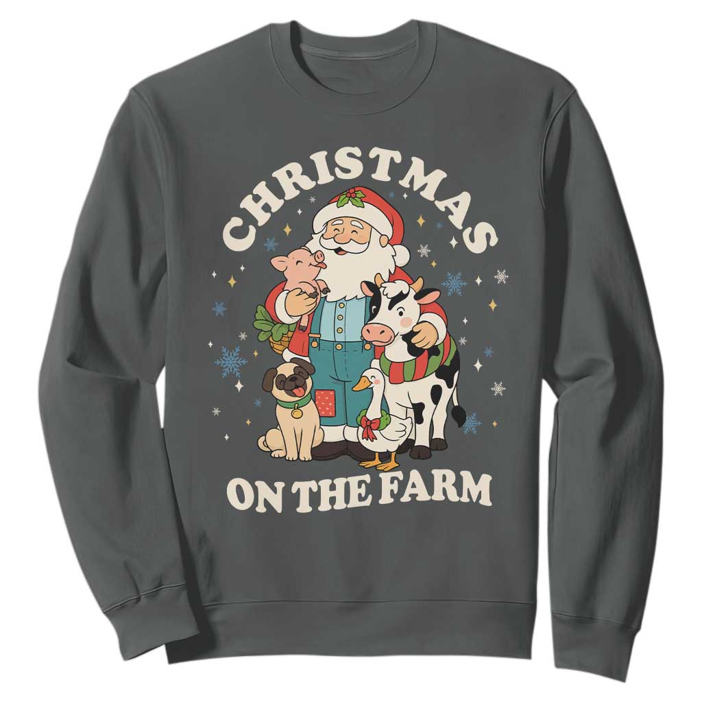 Funny Xmas On The Farm Sweatshirt Christmas Farmer Santa Claus Livestock TS11 Dark Heather Print Your Wear