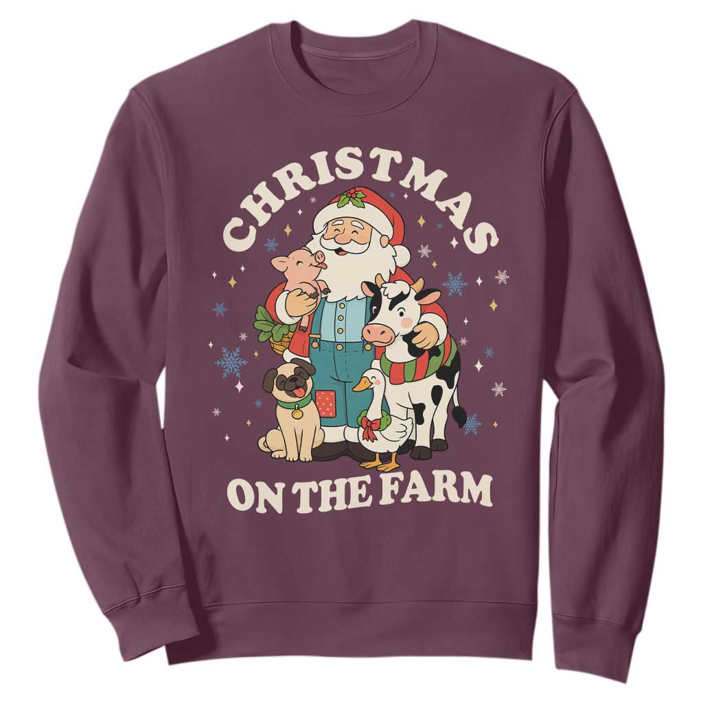 Funny Xmas On The Farm Sweatshirt Christmas Farmer Santa Claus Livestock TS11 Maroon Print Your Wear