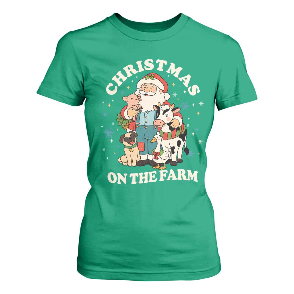 Funny Xmas On The Farm T Shirt For Women Christmas Farmer Santa Claus Livestock TS11 Irish Green Print Your Wear