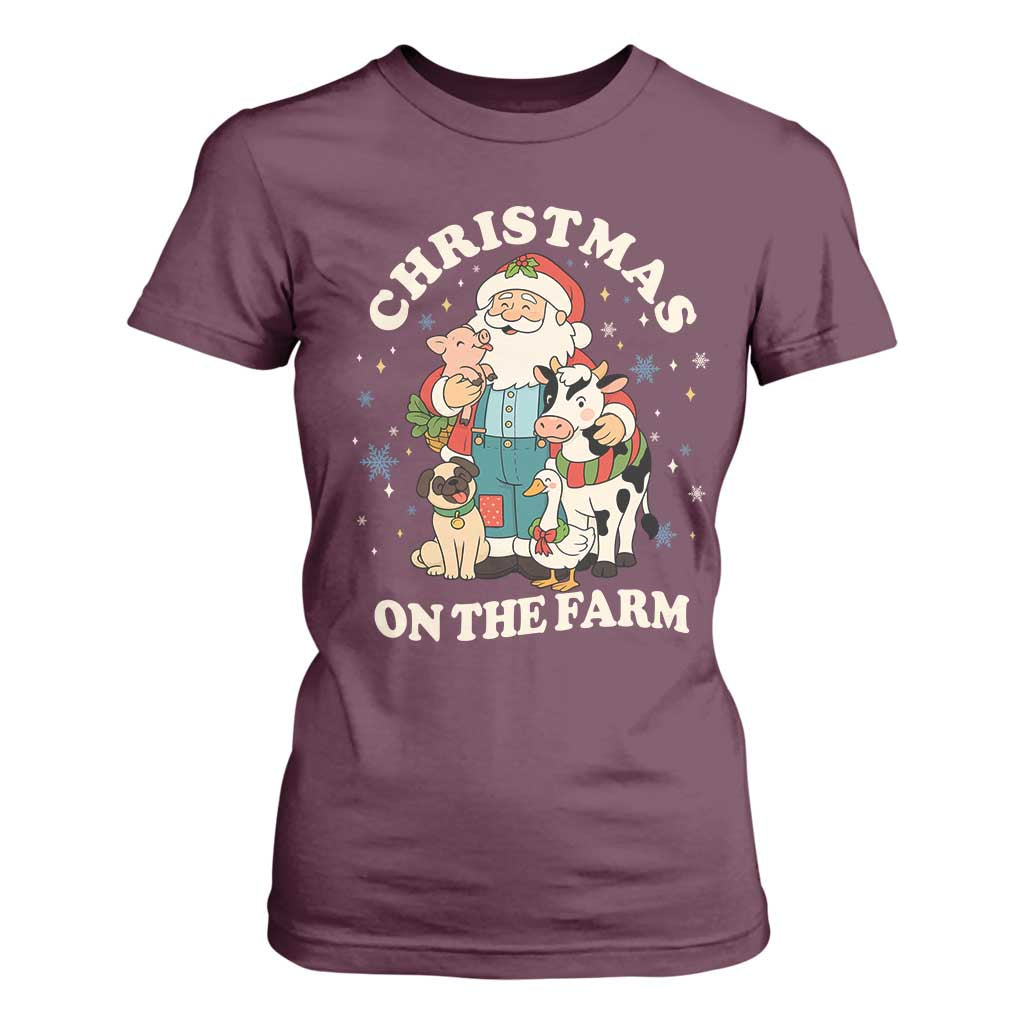 Funny Xmas On The Farm T Shirt For Women Christmas Farmer Santa Claus Livestock TS11 Maroon Print Your Wear