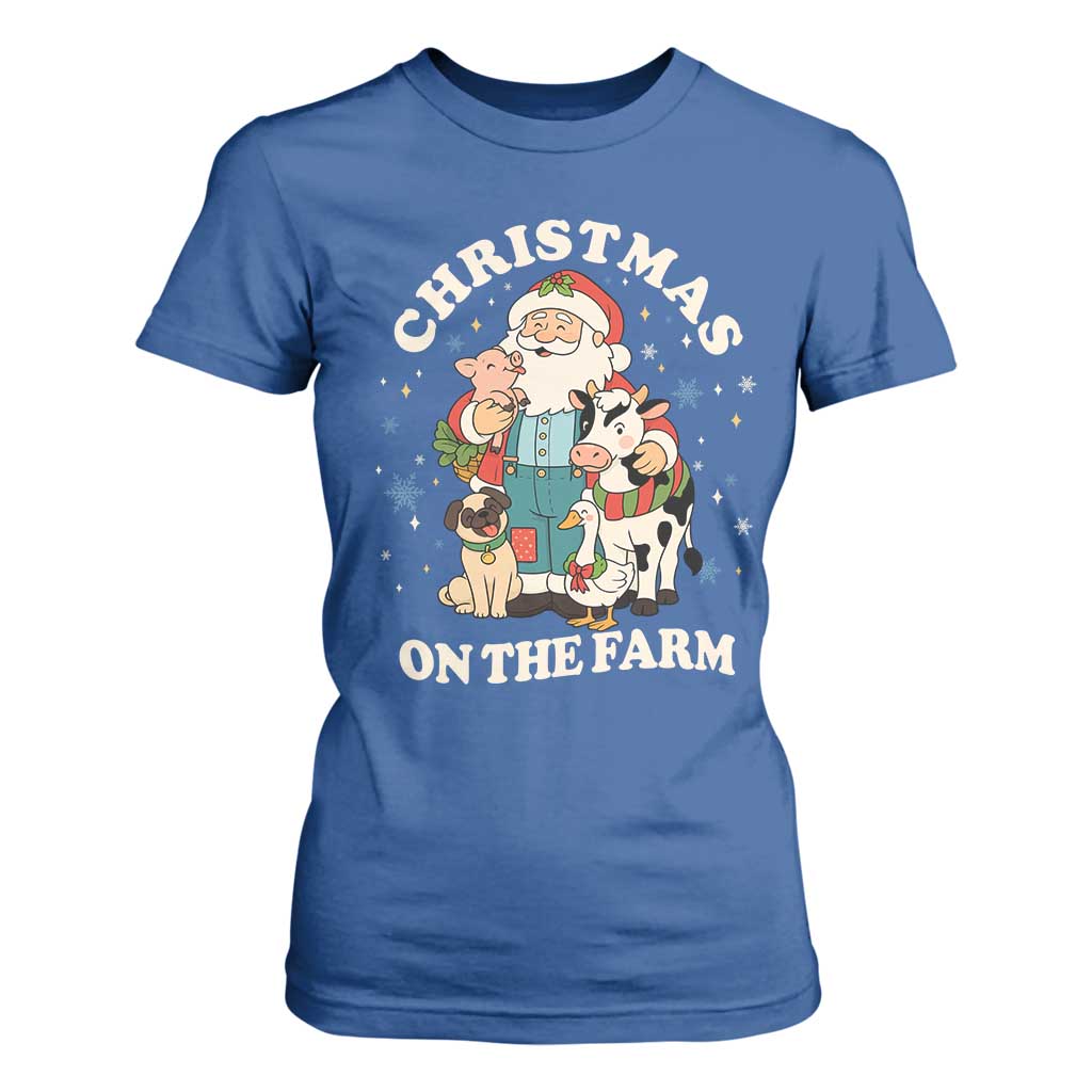 Funny Xmas On The Farm T Shirt For Women Christmas Farmer Santa Claus Livestock TS11 Royal Blue Print Your Wear