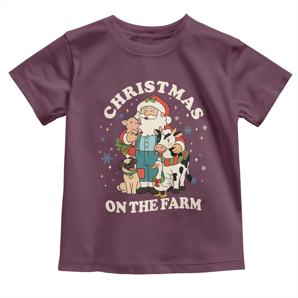 Funny Xmas On The Farm Toddler T Shirt Christmas Farmer Santa Claus Livestock TS11 Maroon Print Your Wear