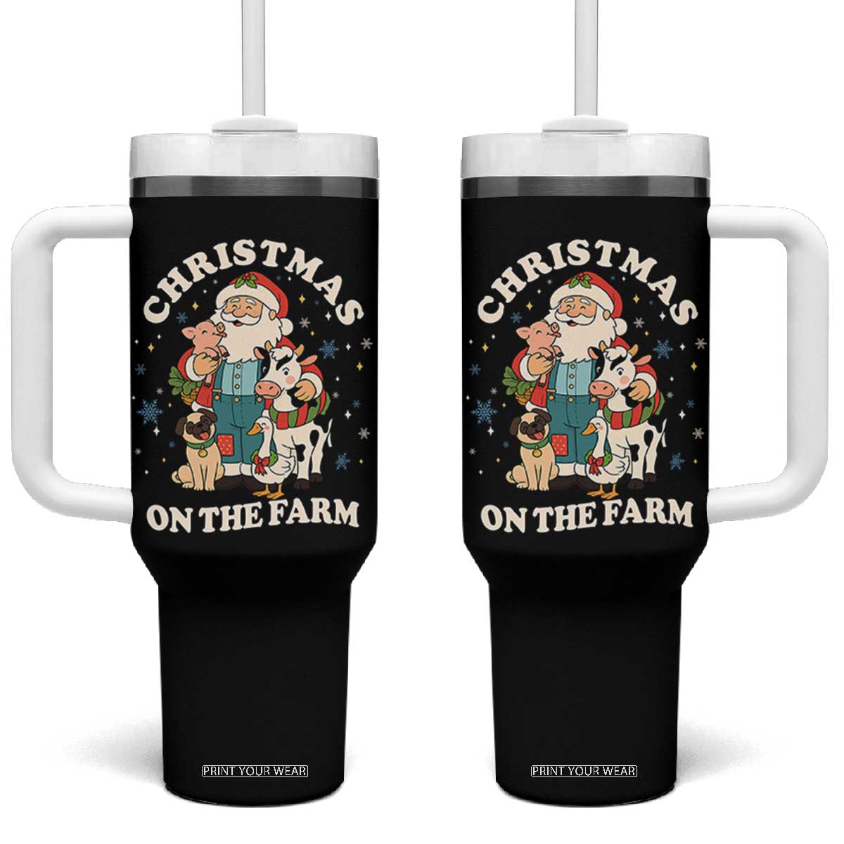 Funny Xmas On The Farm Tumbler With Handle Christmas Farmer Santa Claus Livestock TS11 One Size: 40 oz Black Print Your Wear