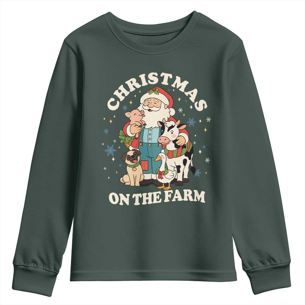 Funny Xmas On The Farm Youth Sweatshirt Christmas Farmer Santa Claus Livestock TS11 Dark Forest Green Print Your Wear