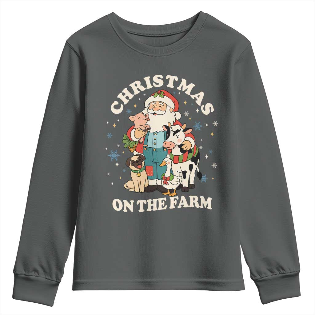 Funny Xmas On The Farm Youth Sweatshirt Christmas Farmer Santa Claus Livestock TS11 Dark Heather Print Your Wear