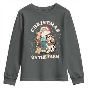 Funny Xmas On The Farm Youth Sweatshirt Christmas Farmer Santa Claus Livestock TS11 Dark Heather Print Your Wear