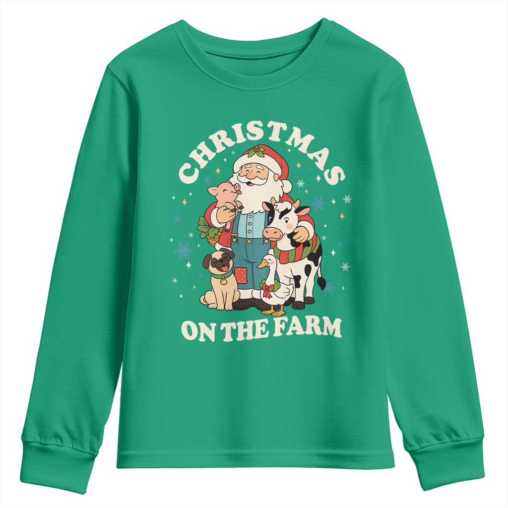 Funny Xmas On The Farm Youth Sweatshirt Christmas Farmer Santa Claus Livestock TS11 Irish Green Print Your Wear