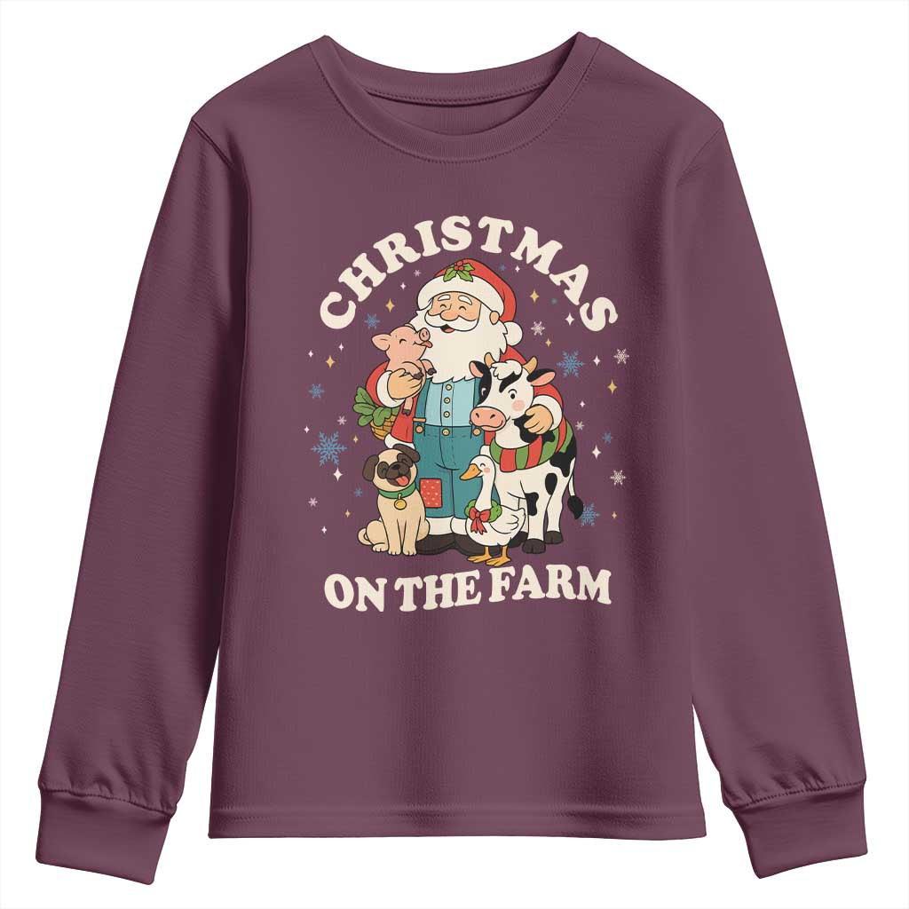 Funny Xmas On The Farm Youth Sweatshirt Christmas Farmer Santa Claus Livestock TS11 Maroon Print Your Wear