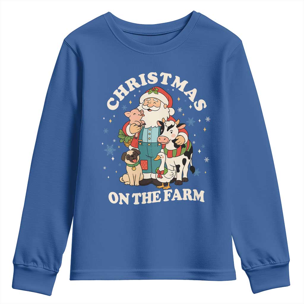 Funny Xmas On The Farm Youth Sweatshirt Christmas Farmer Santa Claus Livestock TS11 Royal Blue Print Your Wear