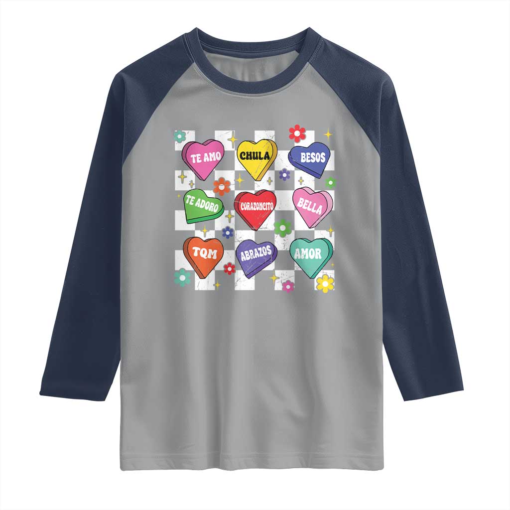 Funny Spanish Candy Heart Valentine's Day Raglan Shirt TS11 Sport Gray Navy Print Your Wear
