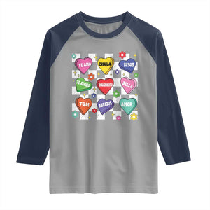 Funny Spanish Candy Heart Valentine's Day Raglan Shirt TS11 Sport Gray Navy Print Your Wear