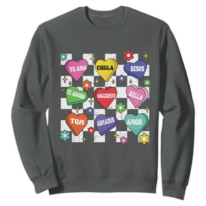 Funny Spanish Candy Heart Valentine's Day Sweatshirt TS11 Dark Heather Print Your Wear