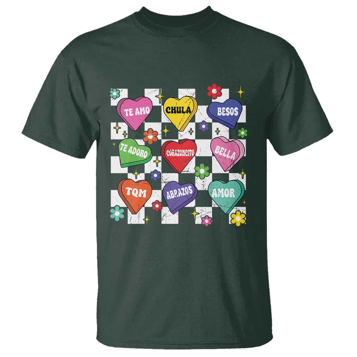 Funny Spanish Candy Heart Valentine's Day T Shirt TS11 Dark Forest Green Print Your Wear