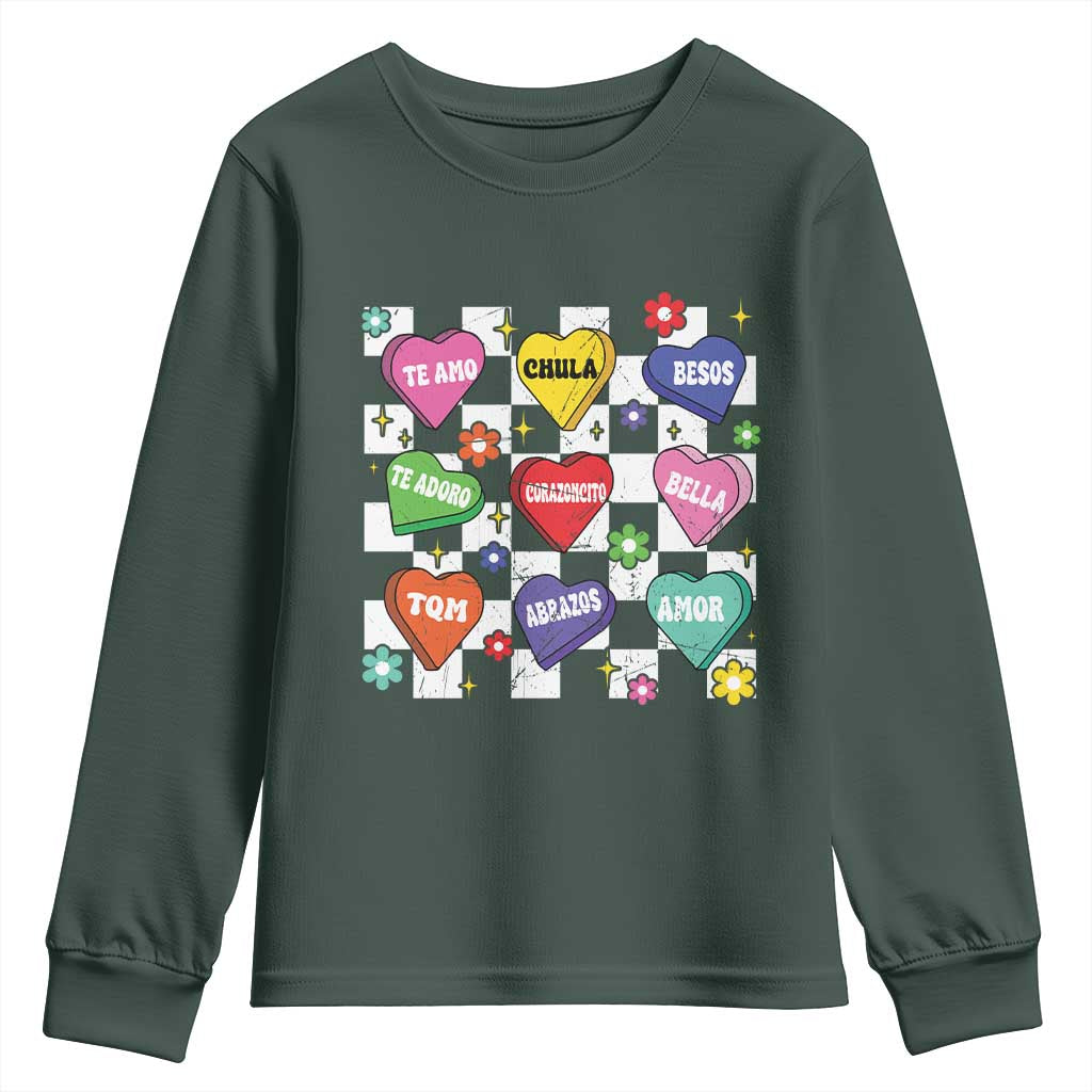 Funny Spanish Candy Heart Valentine's Day Youth Sweatshirt TS11 Dark Forest Green Print Your Wear