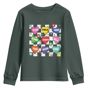 Funny Spanish Candy Heart Valentine's Day Youth Sweatshirt TS11 Dark Forest Green Print Your Wear