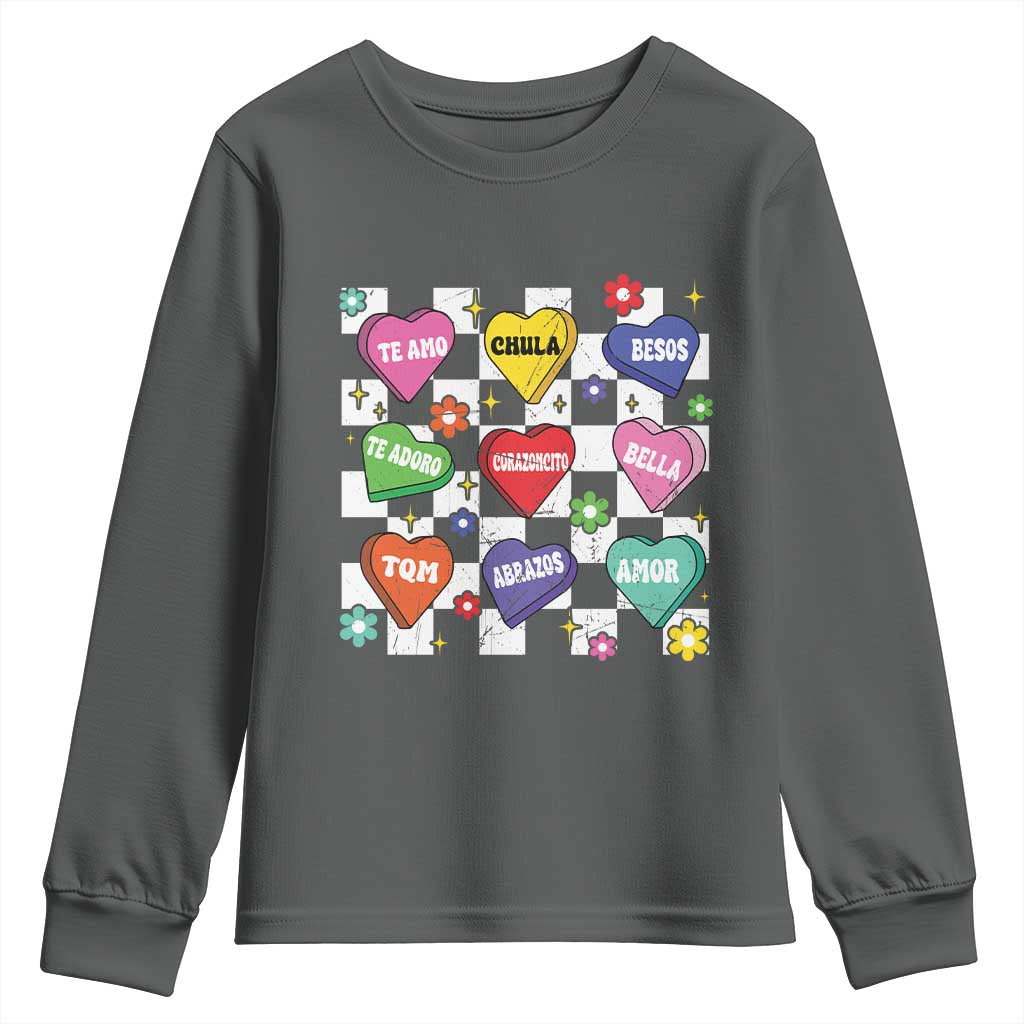 Funny Spanish Candy Heart Valentine's Day Youth Sweatshirt TS11 Dark Heather Print Your Wear