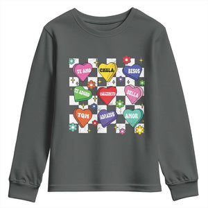 Funny Spanish Candy Heart Valentine's Day Youth Sweatshirt TS11 Dark Heather Print Your Wear