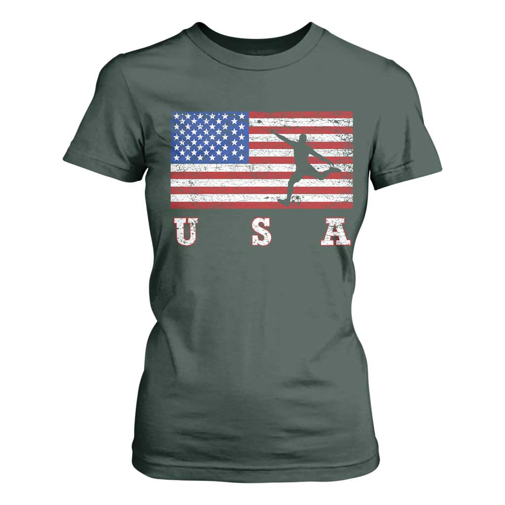 Patriotic Soccer T Shirt For Women USA American Flag Team TS11 Dark Forest Green Print Your Wear