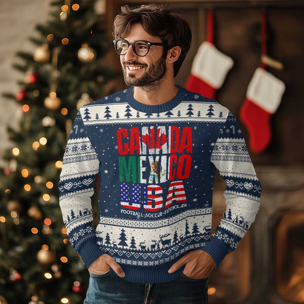 Soccer Lover Ugly Christmas Sweater Canada Mexico USA Pride Football Futbol 2026 TS11 Navy Beige Print Your Wear