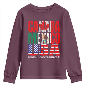 Soccer Lover Youth Sweatshirt Canada Mexico USA Pride Football Futbol 2026 TS11 Maroon Print Your Wear