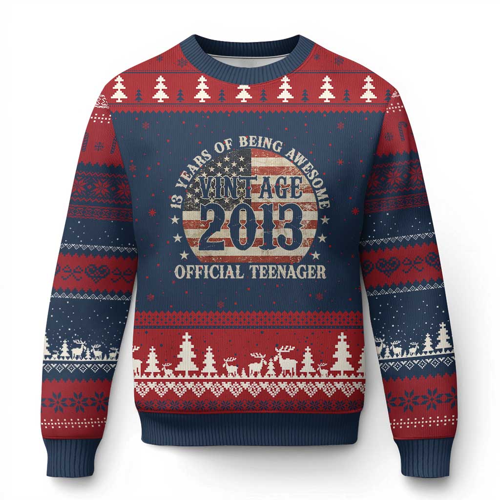 13th Birthday 2026 Ugly Christmas Sweater Vintage 2013 Official Teenager 13 Years Of Being Awesome TS11 Navy Red Print Your Wear