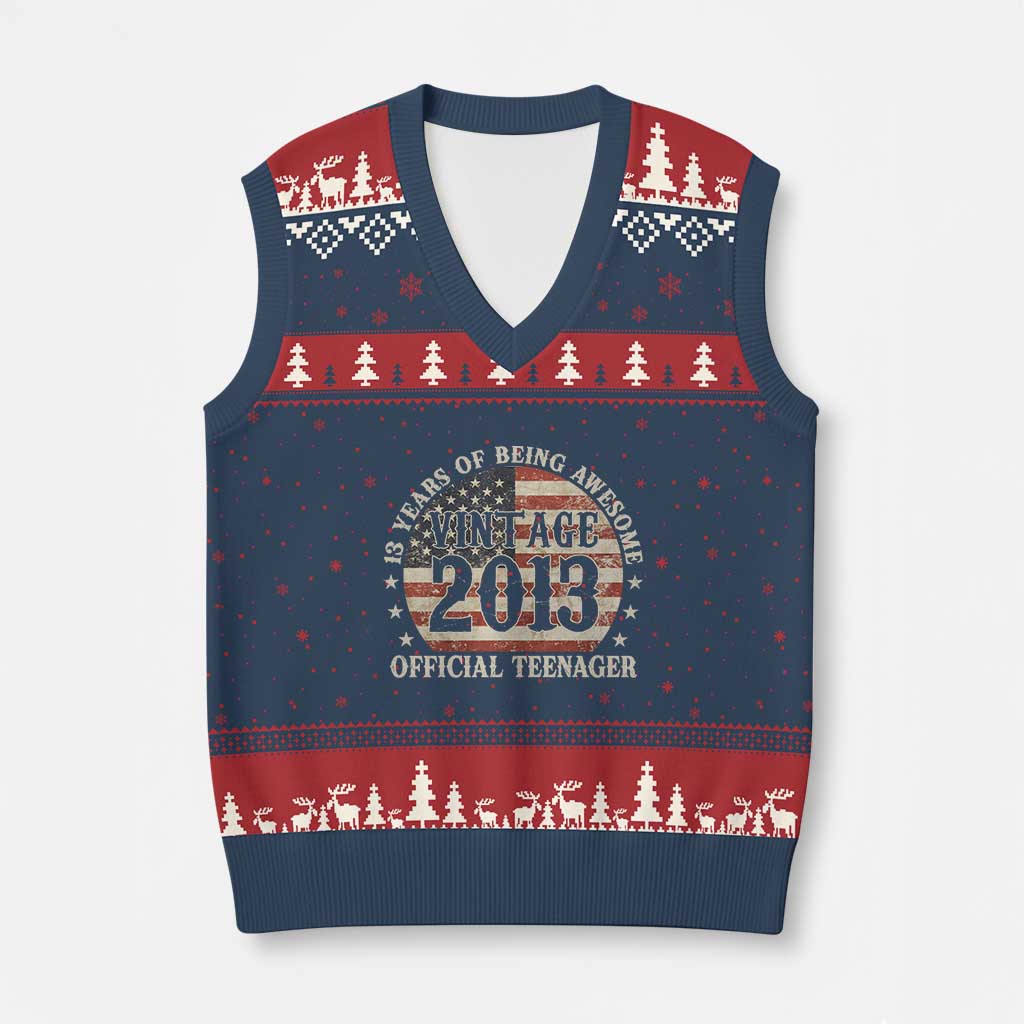 13th Birthday 2026 V-Neck Knit Sweater Vest Vintage 2013 Official Teenager 13 Years Of Being Awesome TS11 Navy Red Print Your Wear