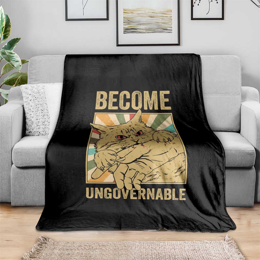 Become Ungovernable Cat Throw Blanket Funny Retro Cat Bite Horror Anime TS11 Print Your Wear