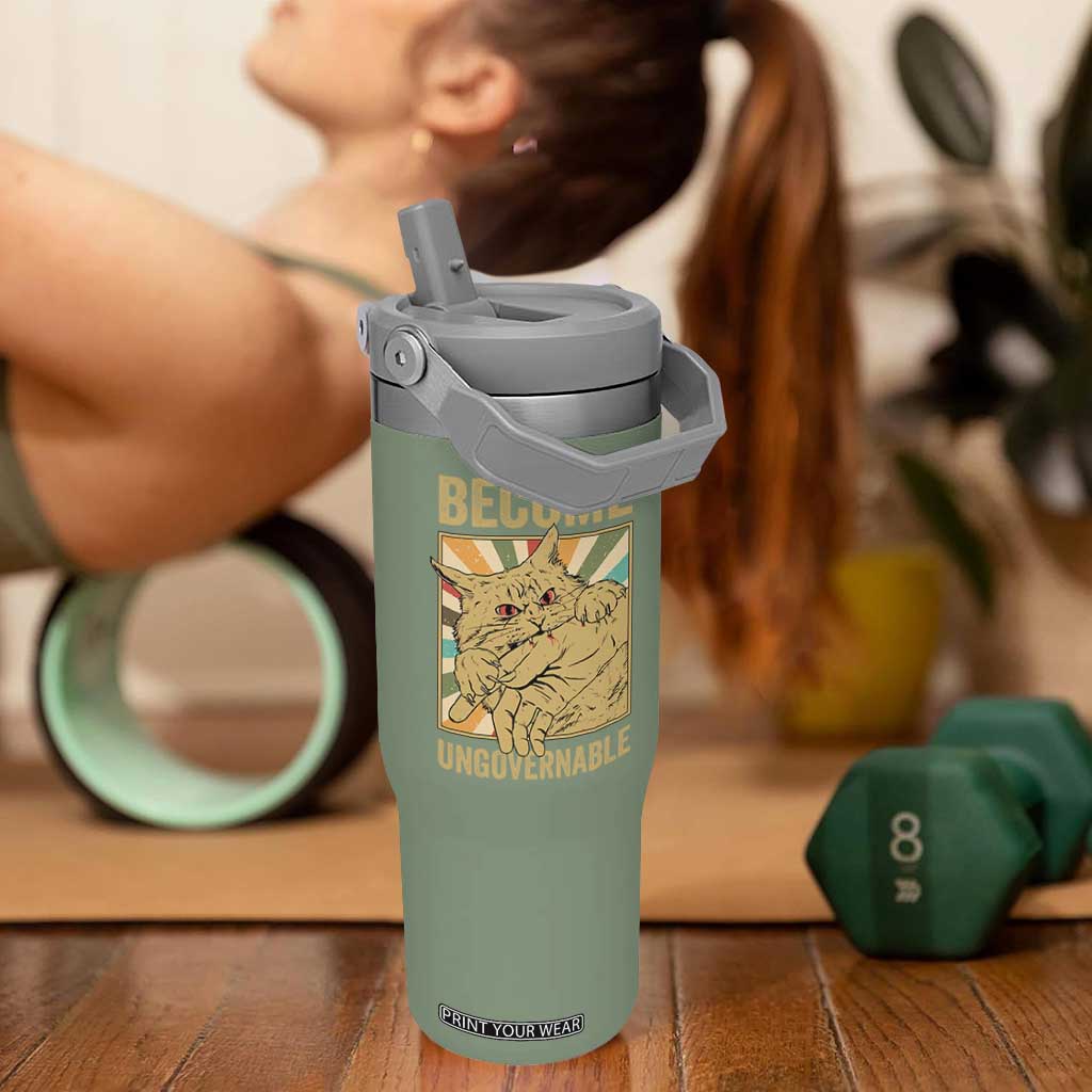 Become Ungovernable Cat Flip Straw Tumbler Funny Retro Cat Bite Horror Anime TS11 One Size: 30 oz Moss Green Print Your Wear