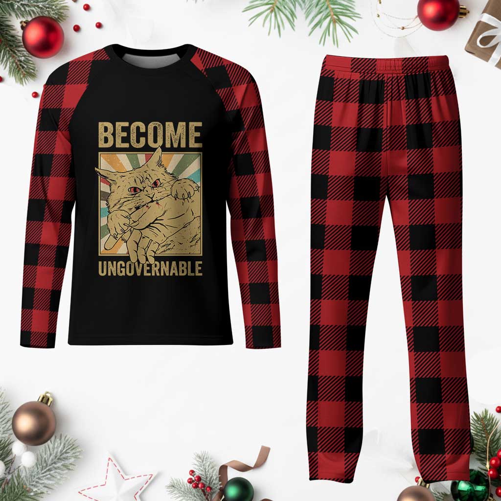 Become Ungovernable Cat Plaid Pajama Set Funny Retro Cat Bite Horror Anime TS11 Buffalo Plaid Print Your Wear