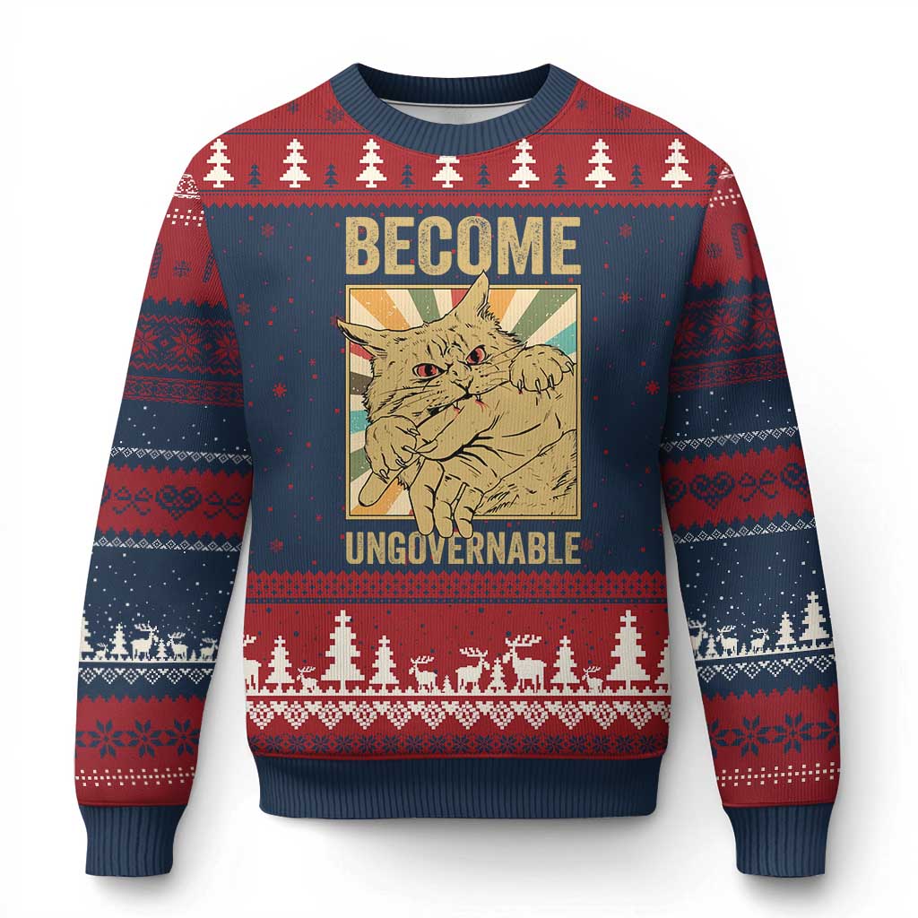 Become Ungovernable Cat Ugly Christmas Sweater Funny Retro Cat Bite Horror Anime TS11 Navy Red Print Your Wear