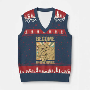 Become Ungovernable Cat V-Neck Knit Sweater Vest Funny Retro Cat Bite Horror Anime TS11 Navy Red Print Your Wear