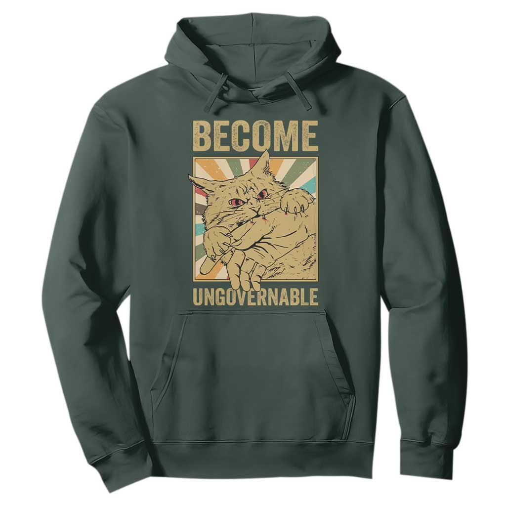 Become Ungovernable Cat Hoodie Funny Retro Cat Bite Horror Anime TS11 Dark Forest Green Print Your Wear