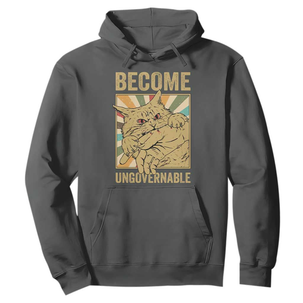 Become Ungovernable Cat Hoodie Funny Retro Cat Bite Horror Anime TS11 Dark Heather Print Your Wear