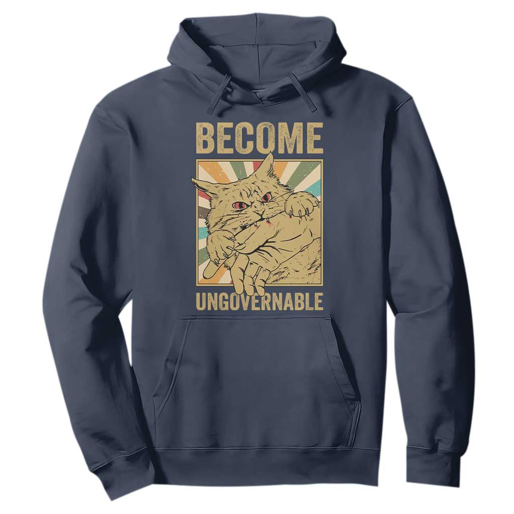 Become Ungovernable Cat Hoodie Funny Retro Cat Bite Horror Anime TS11 Navy Print Your Wear